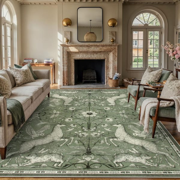 Modern Woodland Animal Botanical Washable Non Slip Dark Green 8 ft. x 10 ft. Living Room Bedroom Kids Room Area Rug