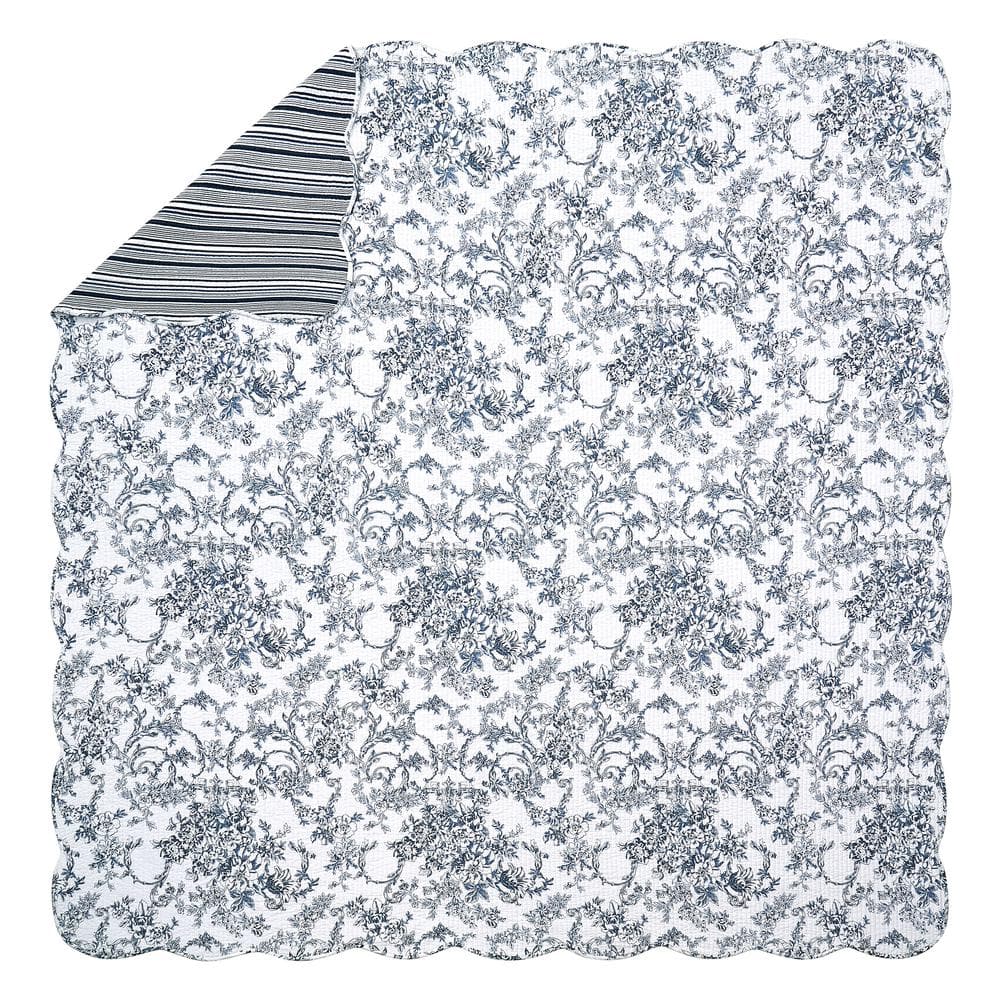 Blue Cotton Full Reversible Quilt Set with Scallop Edges