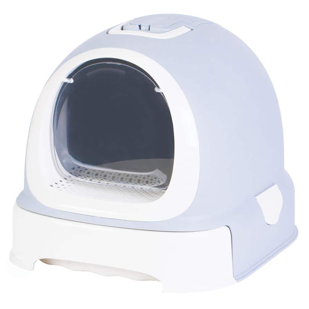 Gray and White Fully Enclosed Hooded Litter Pan with Front Entry