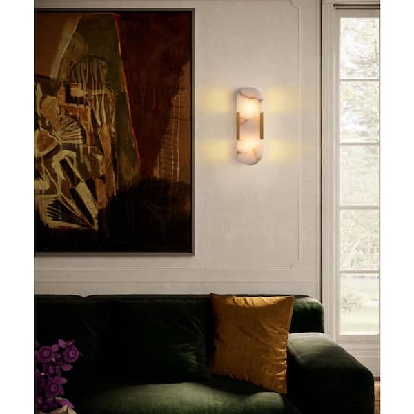 14 in. 2-Lights Gold LED Wall Sconce, Natural Alabaster Modern Wall Light for Bedroom, Bathroom, Living Room(Set of 2)