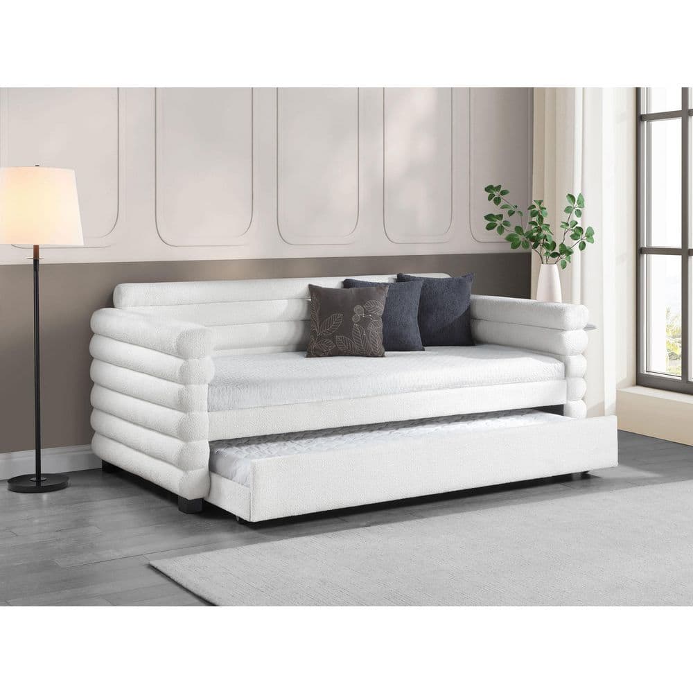 Patricia White Boucle Upholstered Twin Daybed with Pine Frame and Trundle