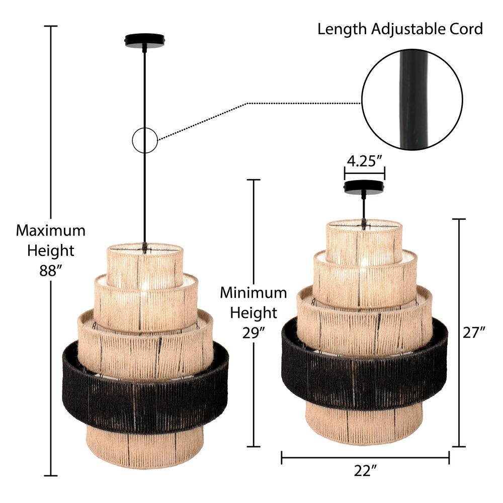 Tiered Natural and Black Jute Drum Pendant Light