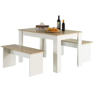 43 in. Rectangle White Wooden Dining Table with 2-Benches, Three-Piece Set, Writing Desk