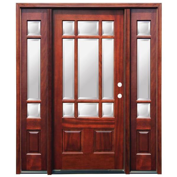 Pacific Entries 68 in. x 80 in. Craftsman 9 Lite Stained Mahogany Wood Prehung Front Door with 12 in. Sidelites