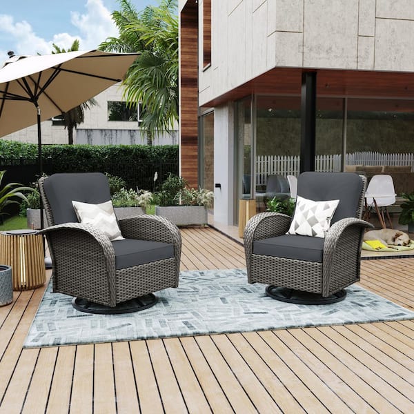 2-Peice Gray Wicker Outdoor Rocking Chair Swivel Chair with Dark Gray Cushions