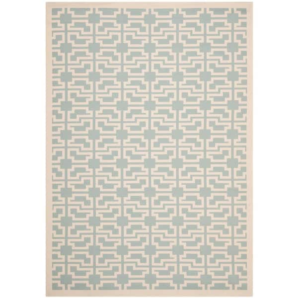 Courtyard Aqua/Beige 8 ft. x 11 ft. Border Indoor/Outdoor Patio  Area Rug