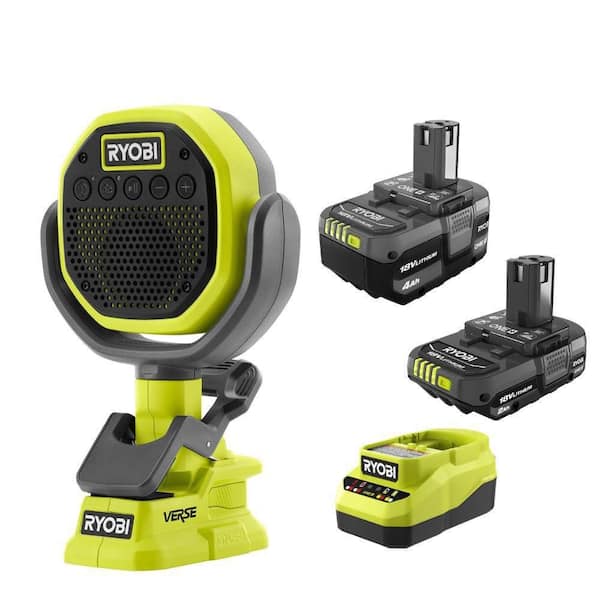 ONE+ 18V Lithium-Ion 4.0 Ah Battery, 2.0 Ah Battery, and Charger Kit with ONE+ Cordless VERSE Clamp Speaker