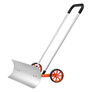 30 in. Metal Handle Aluminum Snow Shovel Pusher with Wheels for Snow Removal
