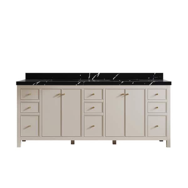 Willow Collections Chicago 84 in. Double Sink Freestanding Fine Grain Bath Vanity with Calacatta Black Qt. Top Unassembled