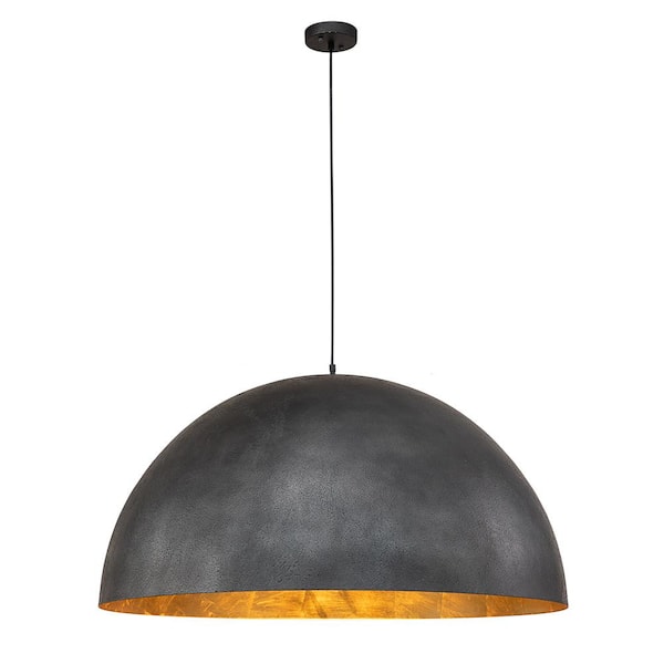 Pcover 5-Light 39.4 in. W Black Pendant Light Chandelier Oversized Industrial Pot Lid Dome Light with Gold Foil Finish