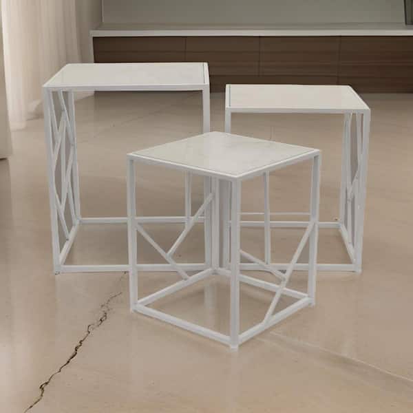 Benjara 23.5 in. White Square Tile Plant Stand with 1-Tier (Set of 3)