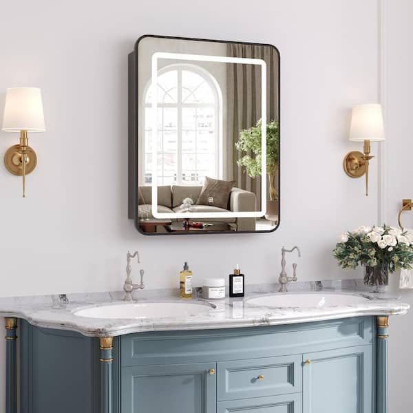 24 in. W x 30 in. H Bright Rectangular Black Wall Mount LED Lighted Medicine Cabinet with Mirror