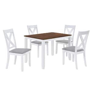 White Minimalist 5-Piece Wood Standard Height Outdoor Dining Table Set with 4 X-Back Chairs and Gray Cushions