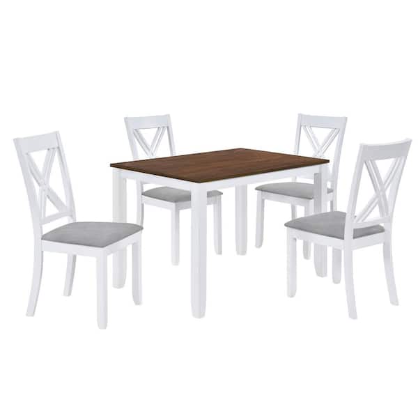 Unbranded White Minimalist 5-Piece Wood Standard Height Outdoor Dining Table Set with 4 X-Back Chairs and Gray Cushions
