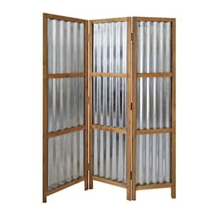 Industrial Silver and Brown 3 Panel Foldable Screen with Corrugated Design
