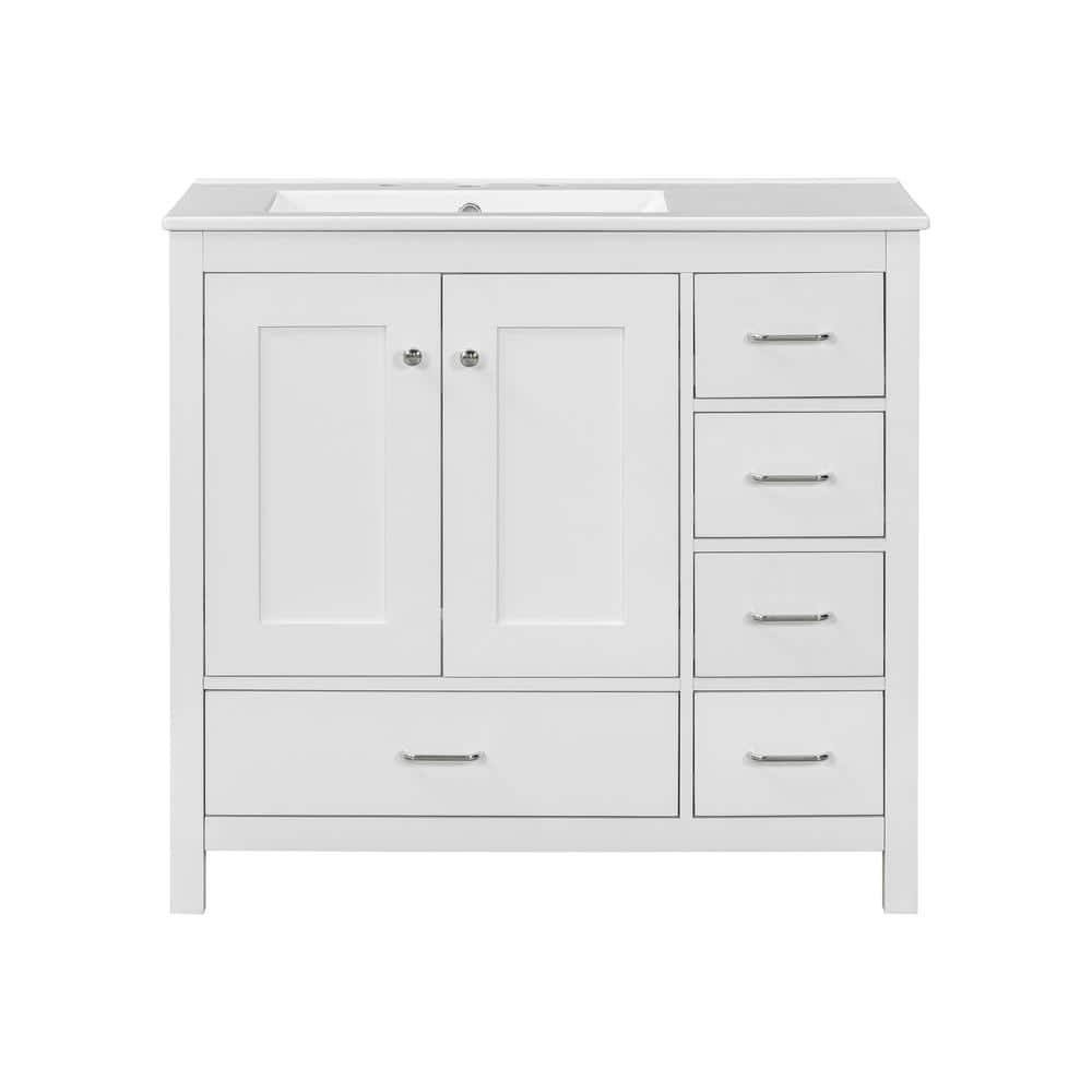36 in. W Freestanding White Bath Vanity with White Ceramic Sink Combo Top Unassembled 2-Soft-Close Doors and 5-Drawers price history on PriceWatchPro