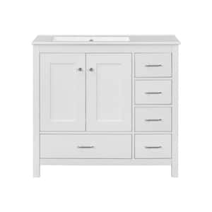 36 in. W Freestanding White Bath Vanity with White Ceramic Sink Combo Top Unassembled 2-Soft-Close Doors and 5-Drawers