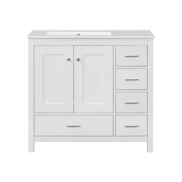 36 in. W Freestanding White Bath Vanity with White Ceramic Sink Combo Top Unassembled 2-Soft-Close Doors and 5-Drawers
