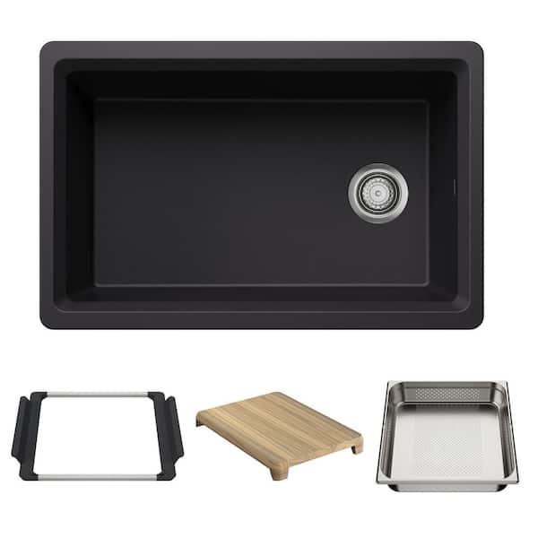 Inteos 30 in. Undermount Single Bowl Coal Black Granite Composite Kitchen Sink With Colander and Cutting Board