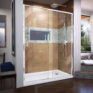 Flex 60 in. W x 30 in. D x 74.75 in. Framed Pivot Shower Door in Chrome with Right Drain White Acrylic Base Kit