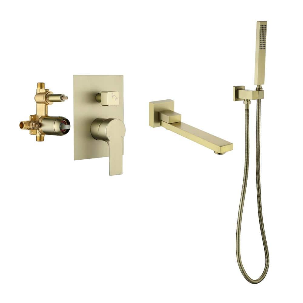 Single-Handle Wall Mount Roman Tub Faucet with Hand Shower in Brushed Gold -  Nestfair, SMD8030