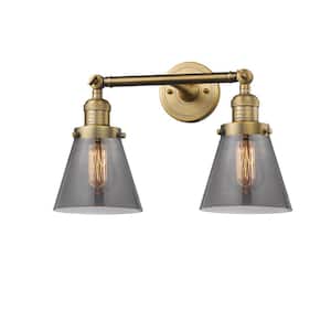 Small Cone 16 in. 2-Light Brushed Brass Vanity Light with Plated Smoke Glass Shade