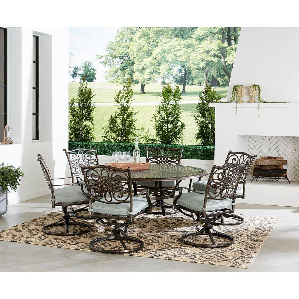 Bronze 7-Piece Outdoor Dining Set with Blue Cushions