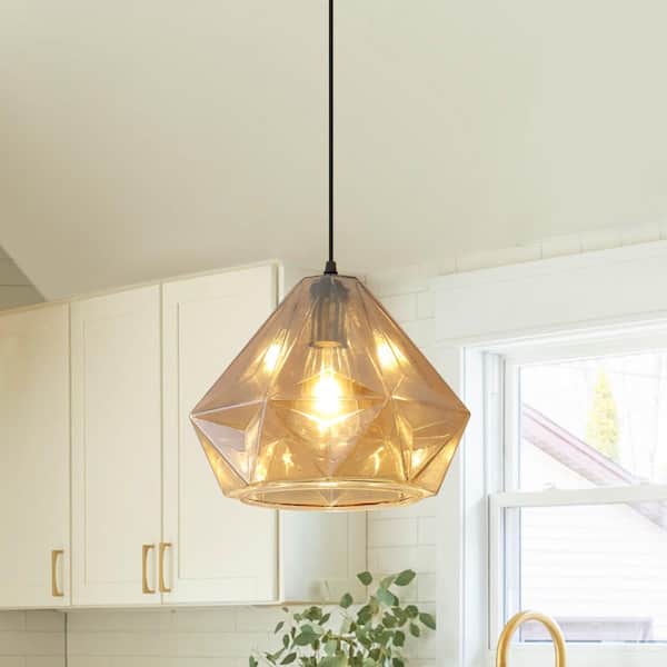 1 Light Black Industrial Hanging Pendant Light Chandelier with Amber Glass Shade