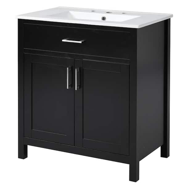 Zeus & Ruta 30 in. W x 18.3 in. D x 34 in. H Single Sink Bath Vanity in Black with White Ceramic Top and Drawer