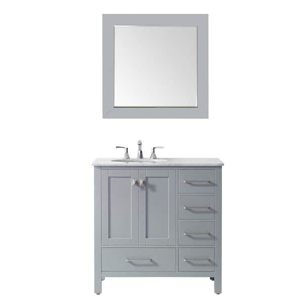 ROSWELL Gela 36 in. W x 22 in. D Bath Vanity in Gray with Marble Vanity Top in White with White Basin, Faucet and Mirror