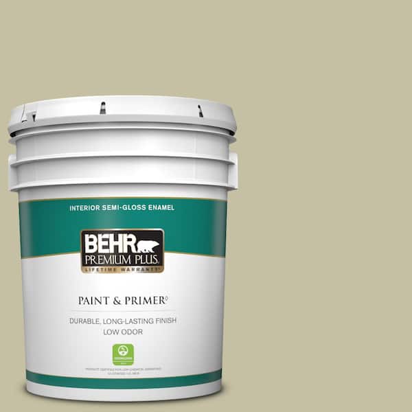 BEHR PREMIUM PLUS 5 gal. #S350-3 Washed Olive Semi-Gloss Enamel Low Odor Interior Paint & Primer