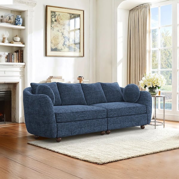 OrangeOne 90 in. W. Blue Chenille Fabric Upholstered Round  display picture 1