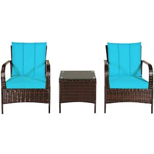 3-Piece PE Wicker Steel High Back Outdoor Sofa Set Patio Conversation Set with Turquoise Cushions and Coffee Table