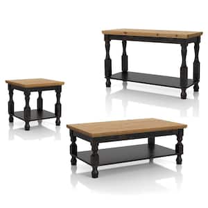 Heavenly 47.5 in. Antique Black and Oak Rectangle Wood Coffee Table Set with Open Shelf (3-Piece)