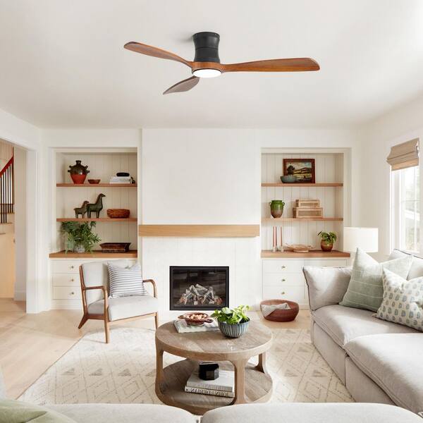 48 in. LED Indoor/Outdoor Flush Mount Black Ceiling Fan with 3-Solid Wood Blades, 6-Speed DC Remote Control