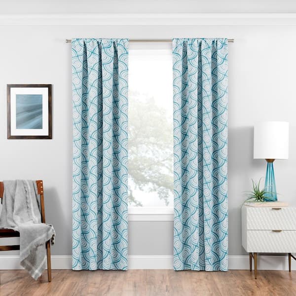 Eclipse Benchley Teal Fan Pattern Polyester 37 in. W x 63 in. L Blackout Single Rod Pocket Curtain Panel