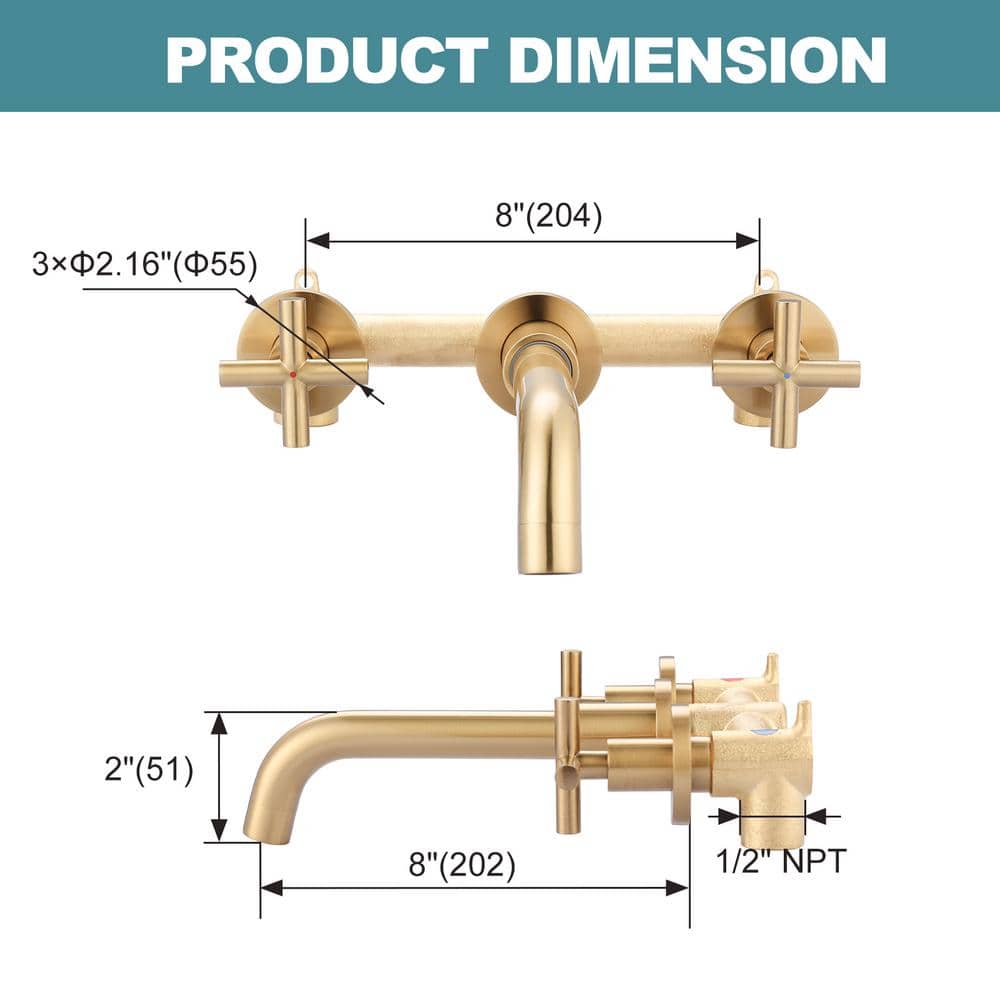 Brushed Gold Double Handle Wall Mounted Bathroom Faucet