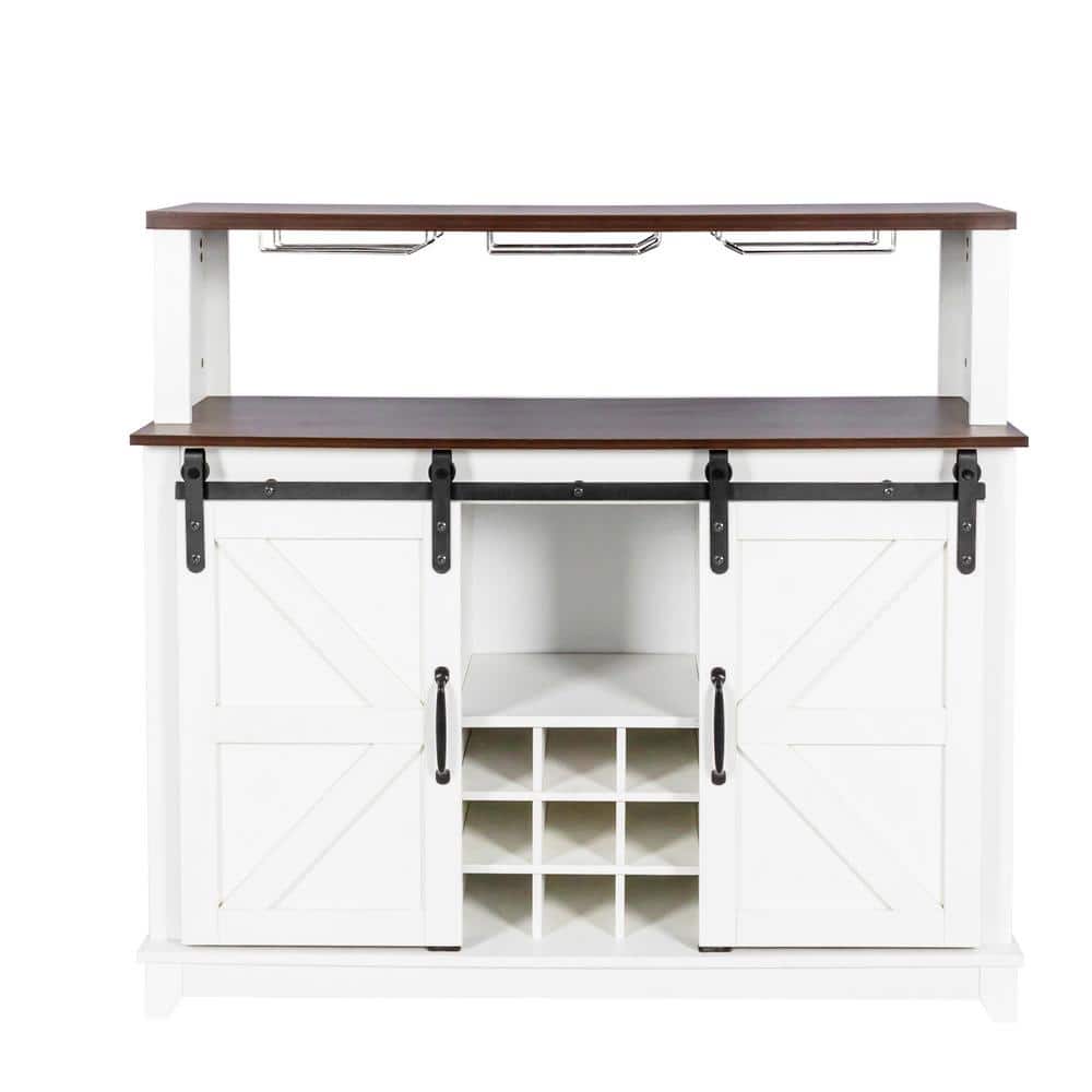 47.24 in. White and Dark Brown MDF Coffee Bar Wine Cabinet with Sliding Barn Door