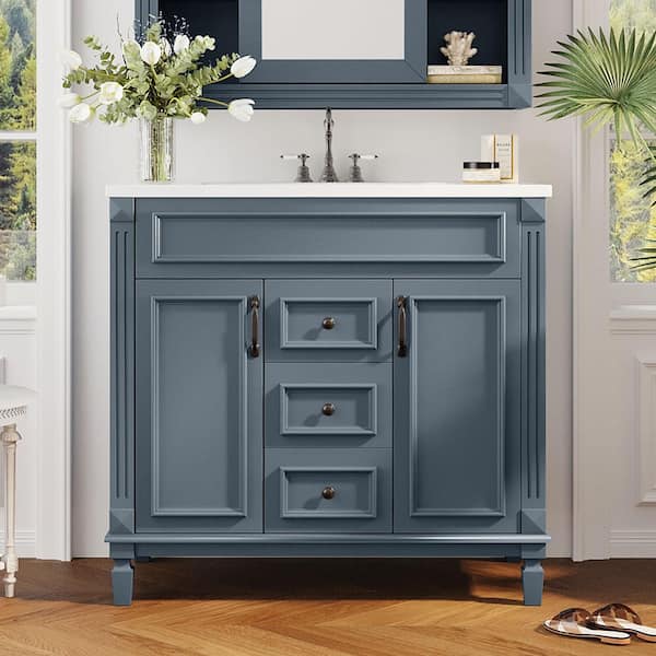36 in. W x 18 in. D x 34 in. H Freestanding Bath Vanity in Blue with White Ceramic Top