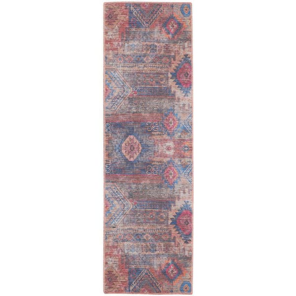 Unbranded Machine Washable Series 1 Multicolor 2 ft. x 12 ft. Distressed Traditional Runner Area Rug
