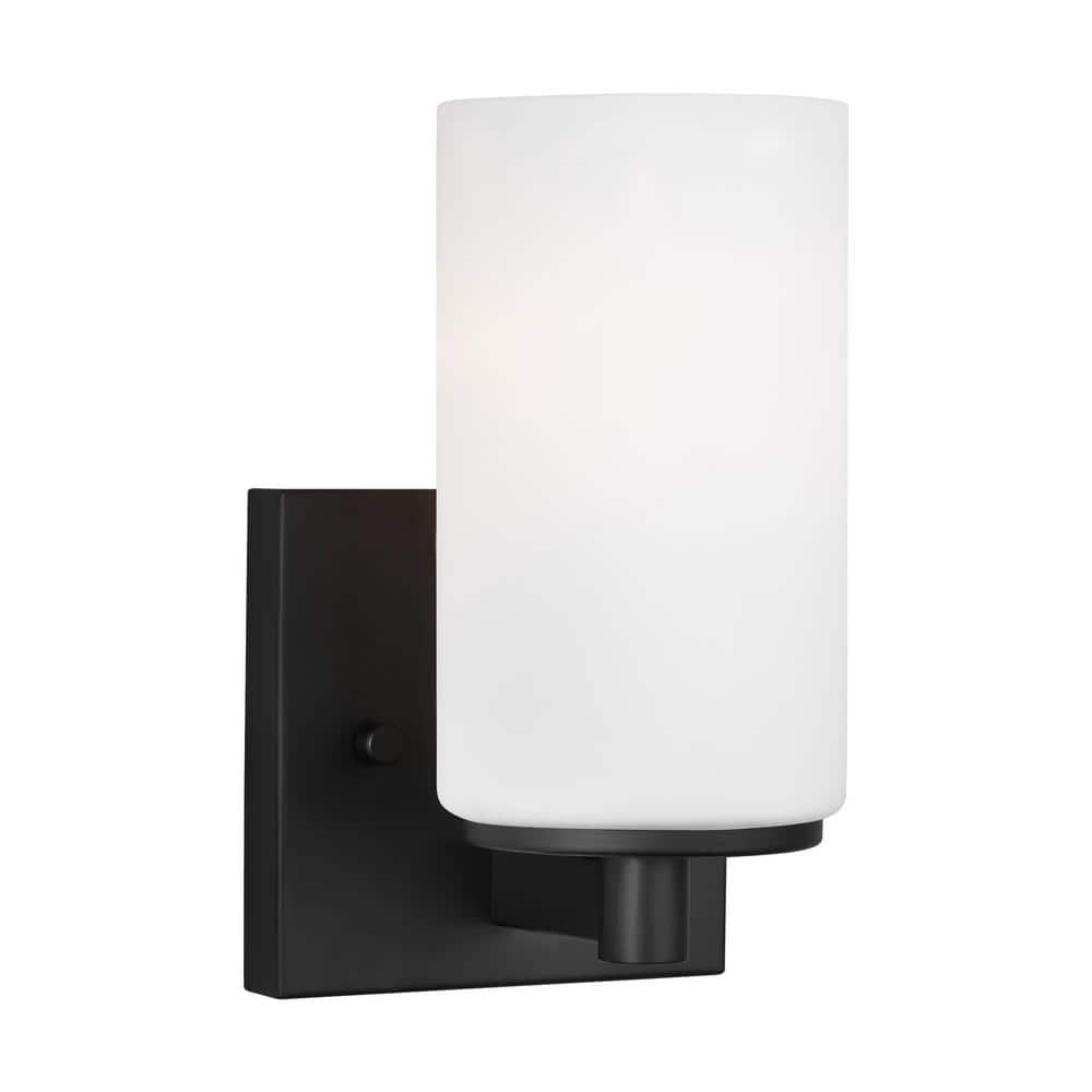 Matte Black Steel Wall Light with Etched Glass Shade