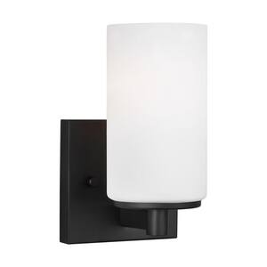 Hettinger 1-Light Transitional Contemporary Midnight Black Wall Sconce with Etched White Glass Shade and LED Bulb