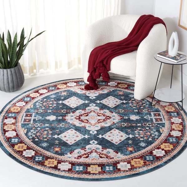 Bayside Blue/Red 7 ft. x 7 ft. Machine Washable Border Medallion Round Area Rug