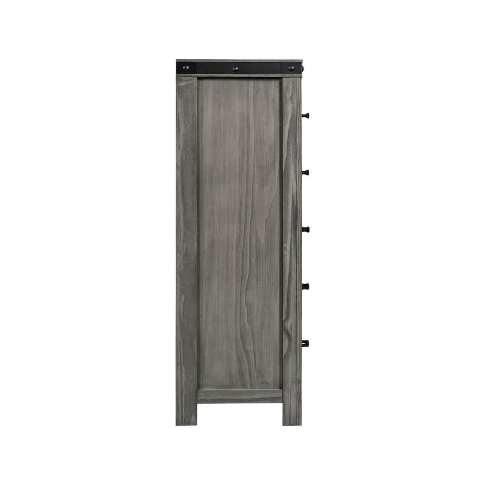Gray Pine Transitional 5-Drawer Chest with Black Metal Trim