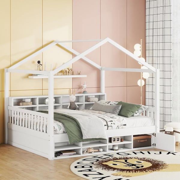 Harper & Bright Designs White Full Size Wooden House Bed with Multiple ...