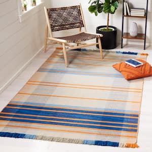 Striped Kilim Beige Blue Doormat 3 ft. x 5 ft. Plaid Striped Area Rug