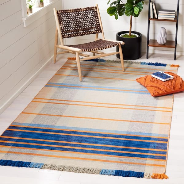 Striped Kilim Beige Blue 4 ft. x 6 ft. Plaid Striped Area Rug