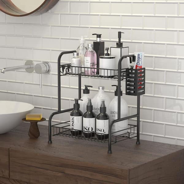 Dracelo 13 in. W x 6.7 in. D x 17.5 in. H 3 Tier Black Wood Bathroom Counter Organizer Countertop Storage Shelf