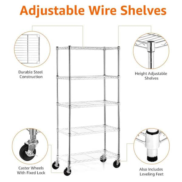 EFINE Chrome 5-Tier Rolling Heavy Duty Metal Wire Storage Shelving Unit  Caster 1 in. Pole (30 in. W x 63.7 in. H x 14 in. D) RL33656 - The Home  Depot