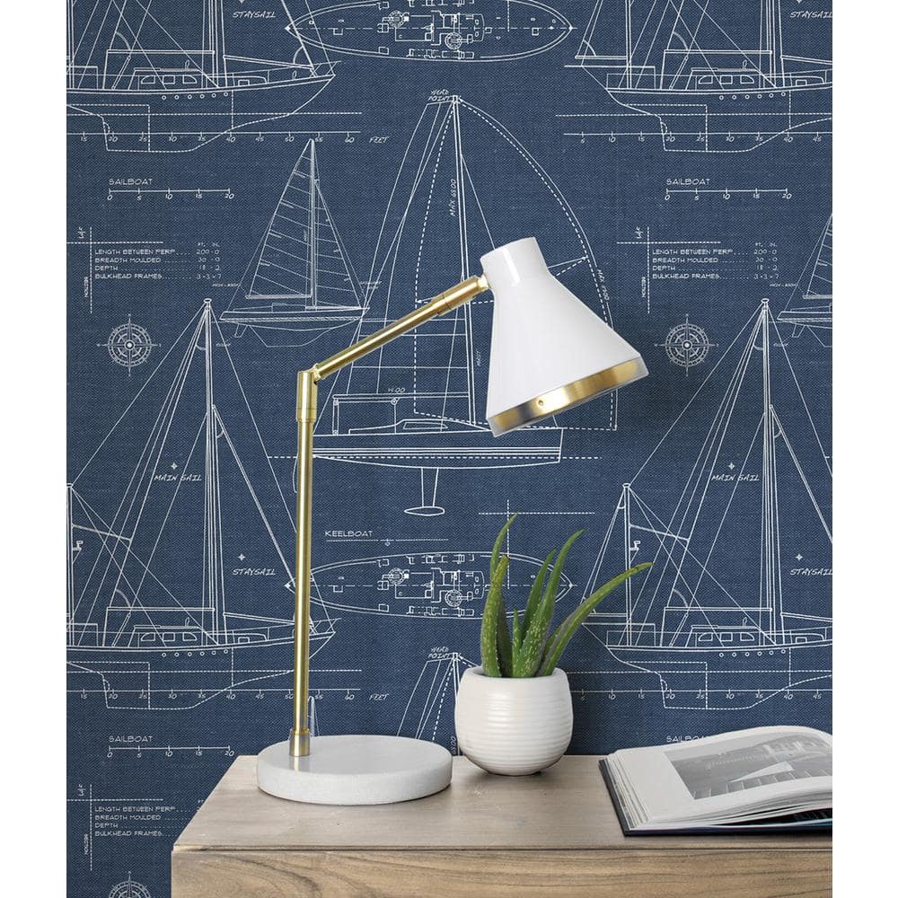 Navy Blue Nautical Blueprint Peel and Stick Wallpaper
